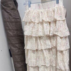 Afour White/Cream and Pink Lace Ruffle Maxi Skirt